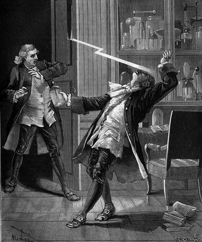 ジョルジュ・ギヨーム・リッチマン教授（1711-1753）は、電気計の実験後、作業場で亡くなった。 作： French School