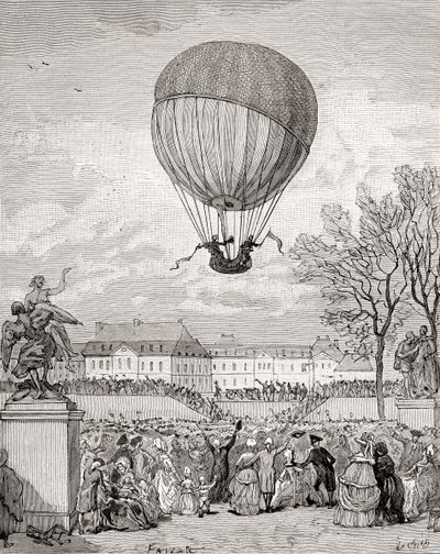 1783年12月1日、パリのトゥイユリー公園で世界初の有人水素気球を飛ばすジャック・シャルル教授とニコラ＝ルイ・ロベール（1880年頃発行の「Histoire de France」より 作： French School