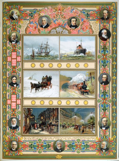 ビクトリア女王の治世中の進歩（1819-1901）。帆船、蒸気船、蒸気機関車、ガスおよび電気街路照明、1887 作： French School