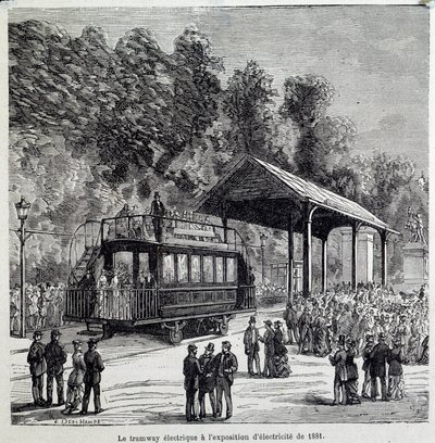 交通機関の進歩：1881年に展示された電気式路面電車「エレクトリック・ライト」。19世紀のエングレービング 作： French School
