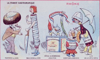 ローヌ地方の名物料理の子供向けの宣伝および教育カード、1900年頃 作： French School