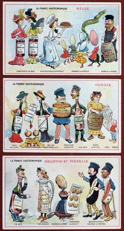1910年頃、ロレーヌ地方の名物料理を描いた子供向けの宣伝カードと教育カード 作： French School