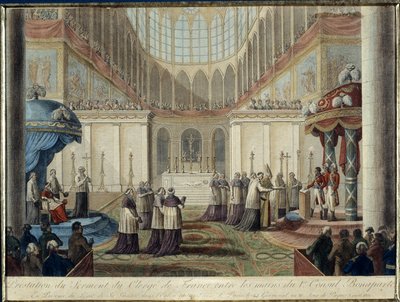1801年のコンコルダートの公布：1802年4月8日復活祭の日、生殖暦10年目の22日にパリのメトロポリタン教会で法王の公使の立ち会いのもと、ボナパルト第一執政官の手でフランスの聖職者によって宣誓される。 作： French School