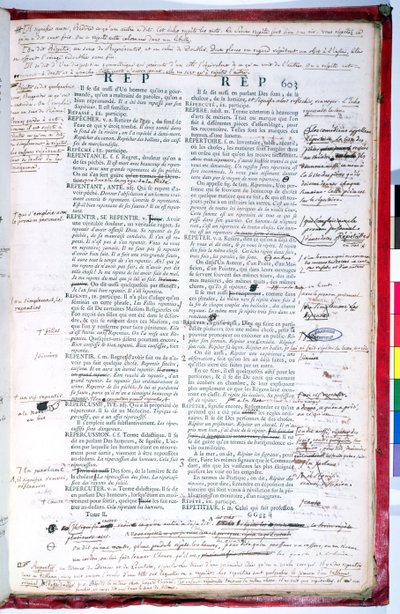 フレンチアカデミー辞書の改訂版（紙にインク）の校正ページ（179945も参照） 作： French School