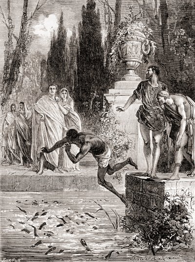 1870年頃に出版された、Les Merveilles de laScienceのヤツメウナギに奴隷を養うローマの乗馬者PubliusVedius Pollio 作： French School