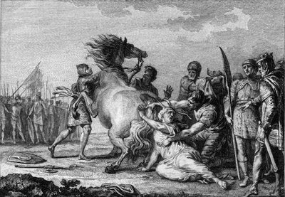 ブリュネハウの処罰（613年）：アウストラシアの女王ブリュネハウまたはブリュネヒルデ（543-613）は、地面に引きずり込まれる前に、不屈の馬の尾に付けられている。18世紀のエングレーヴィング。 作： French School