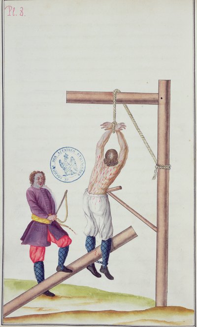 Voyage en Russie、1731（ペンとインク、紙にトイレ）から、ロープで吊り下げられたときの節での罰 作： French School