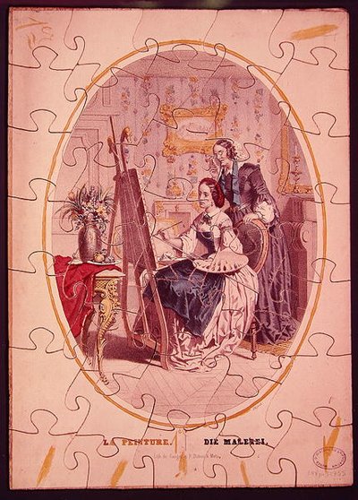 イーゼルで絵を描く女性を描いたパズルピース、1840-50年頃（カラーリトグラフ） 作： French School