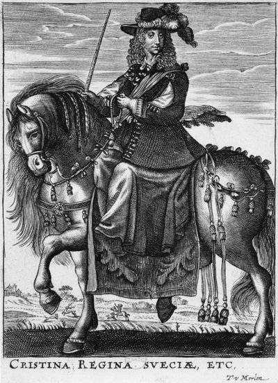 スウェーデンのクリスティーナ女王（1626-89）が馬に乗って 作： French School