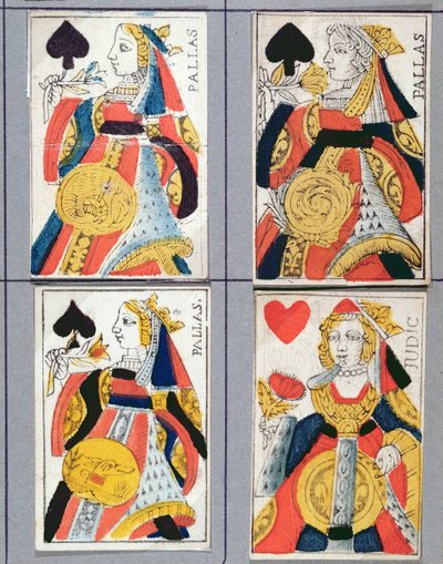 スペードの女王とハートの女王のトランプ、17世紀から18世紀（色の木版画） 作： French School