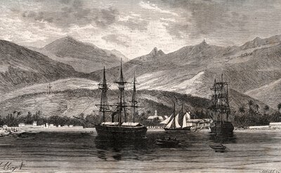 Rade de Taiti - Tahiti - V.A. Malt-Brownの "La France illustree: geographie, histoire, administration statistique "に掲載された彫刻。1884 作： French School