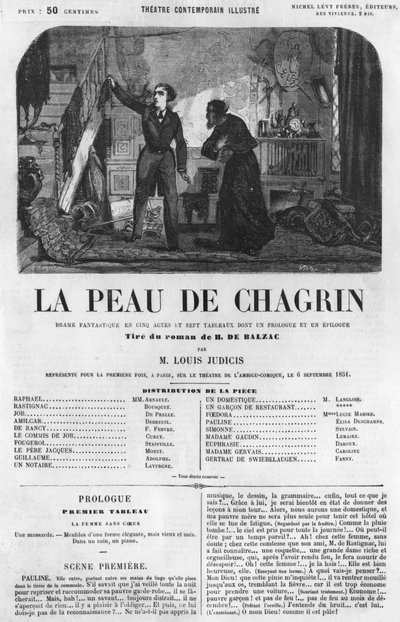 ラファエル・ド・バレンティンと店主、「ラ・ポー・ド・シャグリン」のイラスト、オノレ・ド・バルザック（1799-1850）の小説を脚本にしたドラマ 作： French School
