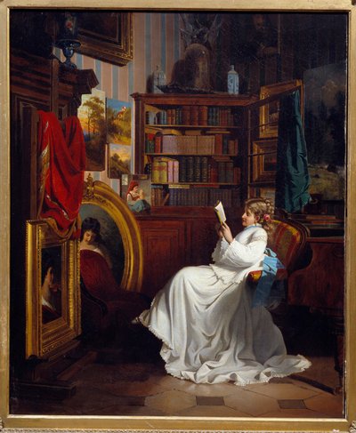 オフィスで本を読む少女の姿。フランス派の絵画。19世紀 個人蔵 作： French School