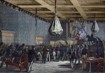 1830年7月31日、パリのホテル・ド・ヴィルでの下院の演説を読む - フランス王ルイ・フィリップ（1773-1850）（1830-48年）、下院によって王と宣言され、権限の制限と引き換えに王位を提供され、以下のようになった。 作： French School