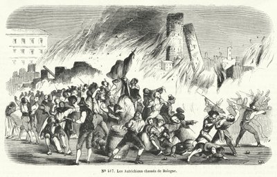 1848年、イタリアのボローニャからオーストリア人を追い出す反乱軍 作： French School