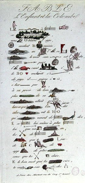 子供と鳩の寓話を描いた判じ絵、19世紀初頭（カラー彫刻） 作： French School