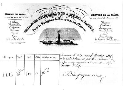 Compagnie Generale des Bateaux Vapeur Pour la Navigation du Rhone およびその支流によって発行された商品の領収書 作： French School