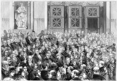 フランスの軍人、政治家、歴史家であるオマール公アンリ・ドルレアン（1822-1897）のアカデミー・フランセーズでのレセプション。1873年4月3日、パリ。1873年4月12日付「Le Monde Illustré」834号に掲載されたエングレーヴィング。 作： French School