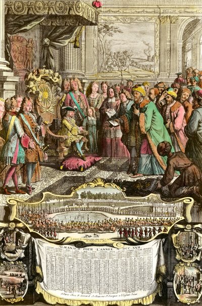 1721年3月21日、偉大なスルタン、アクメットのトルコ大使メヘメット・エフェンディをルイ15世がチュイルリーで接見。18世紀のエングレーヴィング。個人蔵。 作： French School