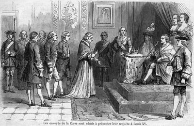 1769年、国王ルイ15世（1710-1774）によるコルシカの使節団の受け入れ。使節は、島がフランスに付属することを求める。 作： French School