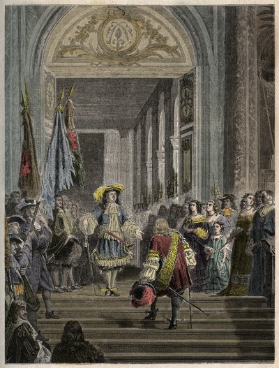 ルイ14世によるヴェルサイユでのグランド・コンドのレセプション - staircase des ambassadeurs - 1674年、フランス国王ルイ14世によるグランド・コンド（ブルボン・コンド家のルイ2世）のヴェルサイユでのレセプション、「PATRIE」のエングレーヴィング - DESCRIPTION PECTURERICIAL DE 作： French School