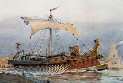 武器庫を出たローマ時代の船の復元図、水彩画、フランス 作： French School