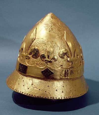 1986年のルーヴルの発掘調査で見つかったチャールズ6世（1368〜1422）の金色のヘルメットの復元（金属） 作： French School