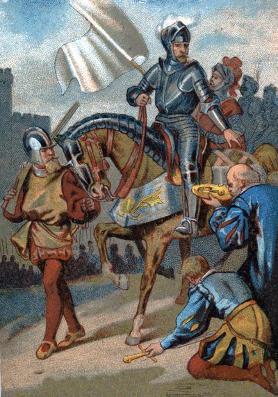 1558年、ギーズ公爵がイングランド軍からカレーを奪還。シリーズ「映像による愛国教育」のクロモリトグラフ。 作： French School