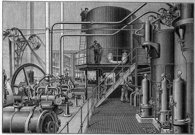 1892年、パリのクリシー通りにあった人工氷スケート場「ル・ポール・ノルド」の冷蔵機械室。 作： French School