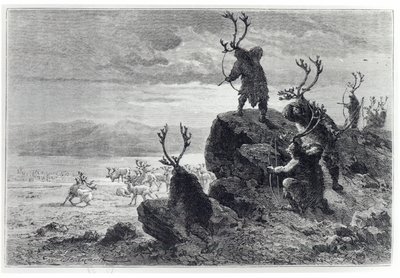 石器時代のトナカイ狩り、LHomme Primitifのイラスト、ルイフィギエ（1819-94）、アシェット発行、1870年 作： French School