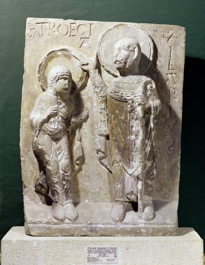 ポワチエの聖ヒラリー（320-368）が聖トリアーゼの祝福を描いたレリーフ、1150年頃 作： French School