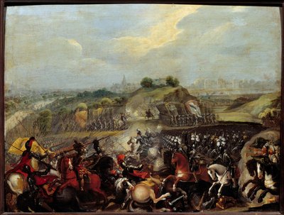 宗教戦争：「ヘンリー4世 at the Battle of Ivry on 14/03/1590」1590年3月14日のイヴリーの戦いでは、カトリック同盟に対する王室軍の勝利が見られた。そこでは、王の大臣であるサリー公マクシミリアン・オブ・ベスーンが負傷した。フレンの絵 作： French School