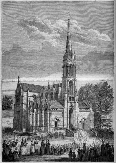 宗教建築：Monfort le Retrou（現在のSarthe（72）地方のMontfort le Gesnois）の教会の全体像、1858年の落成式の日のもの。ムーラン氏のスケッチより。1858年10月2日付「Le Monde Illustré」77号に掲載されたエングレーヴィング。 作： French School