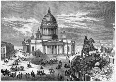 宗教建築：建築家リカール・ド・モンフェラン（1786-1858）の設計図に基づいて建てられた、ロシアのサンクトペテルブルク（サンクトペテルブルク）にある正教会の聖イサック教会（1819-1858）の風景。右側にはピョートル大帝の騎馬像がある。 作： French School
