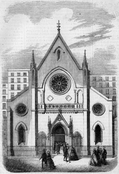 宗教建築：1857年、ベリー通りにあるパリ在住のアメリカ人のための神殿のファサードの様子。建築家のサーモン氏が建てた建物。1857年11月28日付「Le Monde Illustré」33号に掲載された版画。 作： French School