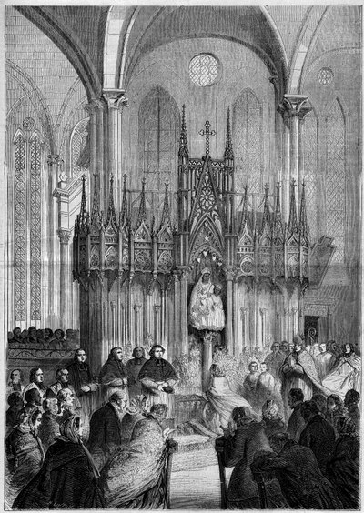 宗教美術：1858年、シャルトル大聖堂（Eure et Loire, 28）にあるノートルダム・デュ・ピラーまたは「ヴィルゴ・ノワール」（1540年頃）の像。1858年12月25日付「Le Monde Illustré」89号に掲載されたエングレーヴィング。 作： French School