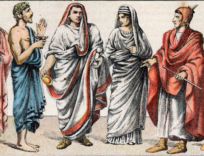 Trajes religiosos na Antiguidade: de g a d retrato de um padre grego, ministro dos sacrifícios, um Grande Pontífice na Roma antiga (Pontifex maximus), uma vestal, uma pretensa da Roma antiga e um flamingo (flamen) Sacerdote romano dedicado ao culto de um D 作： French School