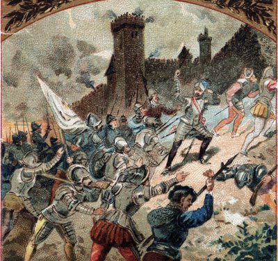 宗教戦争：1567年にユグノー派がダンピエール城を占拠。19世紀後半のクロモリトグラフ 作： French School