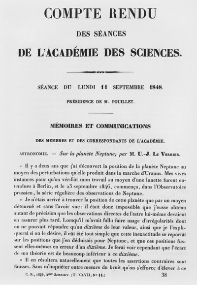 1848年9月11日、海王星に関するジャンジョセフルヴェリエ（1811-77）によるアカデミーデサイエンスのセッションのレポート 作： French School