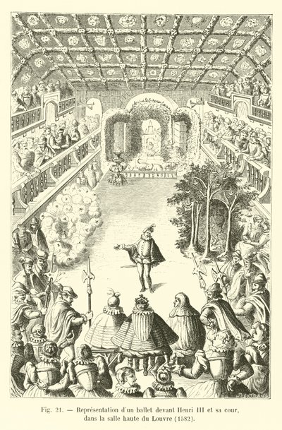 アンリ3世とその宮廷の前のルーヴル美術館の上部の部屋でのバレエの描写、1582年 作： French School
