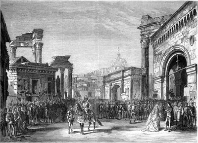 リヒャルト・ワーグナー（1813-1883）のオペラ「リエンツィ」が上演されました。第3幕（フォーラム）のシーン。パリ、リリック劇場 作： French School