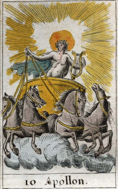 歌、音楽、詩の神であるアポロンが戦車に乗っている様子を表現したもの（Apollo, God of light, music, poetry）。ピエール・ブランシャール1803年の「青年の神話」より。 作： French School