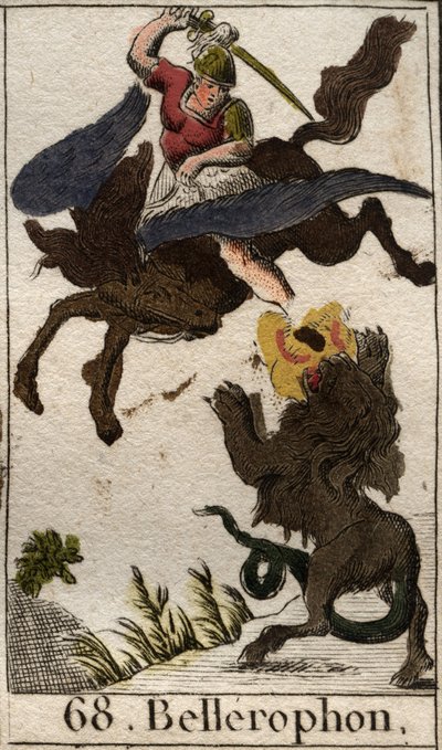 ペガサスに乗ったベレロフォンがキマイラを殺す様子を表現（Representation of Bellerophon, riding Pegasus, spearing the Chimera）。ピエール・ブランシャール1803年の「青年期の神話」より。 作： French School