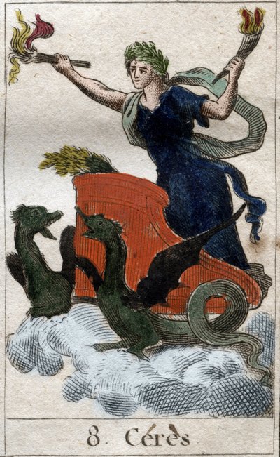 農業、収穫、フェコンディテの女神、馬車に乗ったケレスの表現。Pierre Blanchard 1803の "Mythologie de la jeunes "より。 作： French School