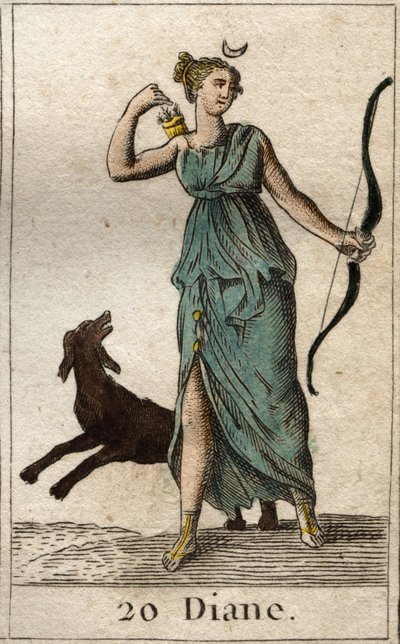 狩猟の女神ダイアナの表現、彼女は弓と矢を持っている（Representation of Diana, Goddess of the Hunt）。ピエール・ブランシャール1803年の「青少年の神話」より。 作： French School