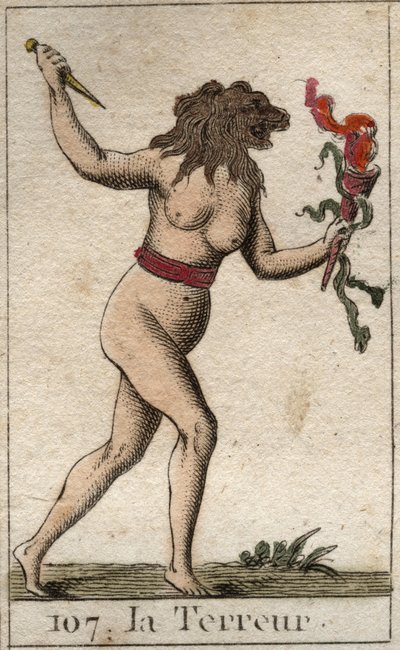 獅子頭の女性がナイフと蛇を持っている「恐怖」の表現。ピエール・ブランシャール1803年の「青春の神話」より。 作： French School