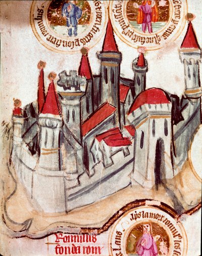 ストラスブール地方の城塞都市の表現。羊皮紙巻物「聖書の系譜」（ms.199） 14世紀 クレモーネ、総督府図書館蔵 作： French School
