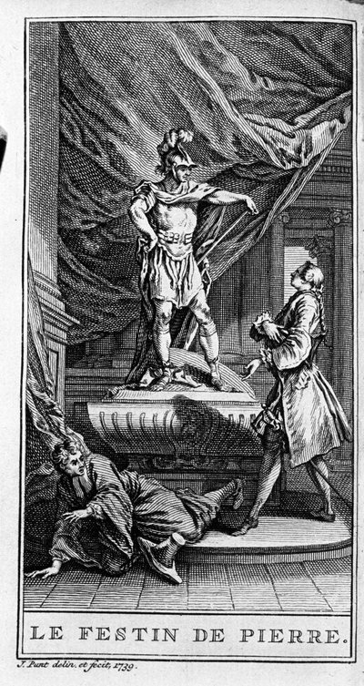 Jean Baptiste Poquelin dit Moliere（1622-1673）の作品「Dom juan ou le fen de Pierre」（1665年）の一場面を表現したもの。1739年のエングレーヴィング。 作： French School