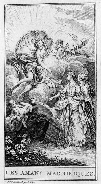 Jean Baptiste Poquelin dit Moliere (1622-1673) の作品「Les lovers magnificients」（1670年）の一場面を表現したもの。1740年のエングレーヴィング。 作： French School