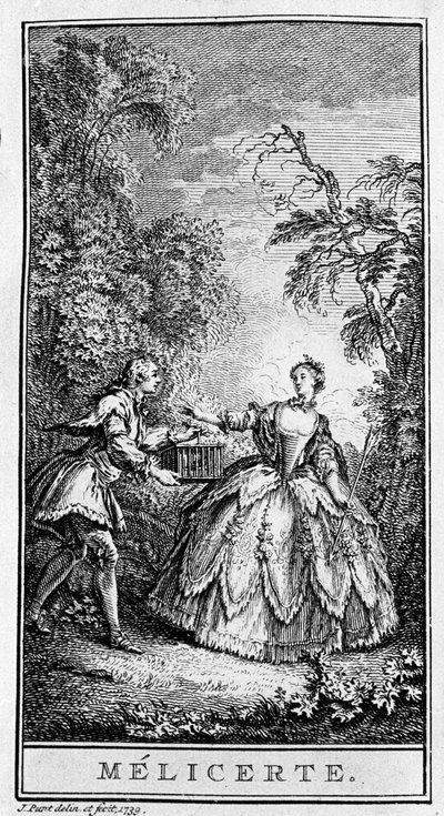 Jean Baptiste Poquelin dit Moliere（1622-1673）の作品「Melicerte」（1666年）の一場面を表現したもの。1739年のエングレーヴィング。 作： French School